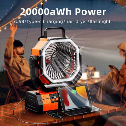 Stay Cool Anywhere: 20000mAh Rechargeable Portable Fan with LED Light and Hook for Outdoor Adventures