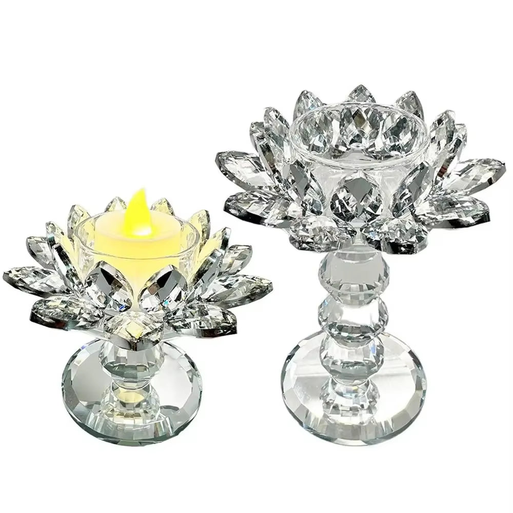 Bright Crystal Lotus Candlestick Durable Elegant Clear Flower Tealight Holders Flat Bottom Anti-Slip Glass Candle Stand Party