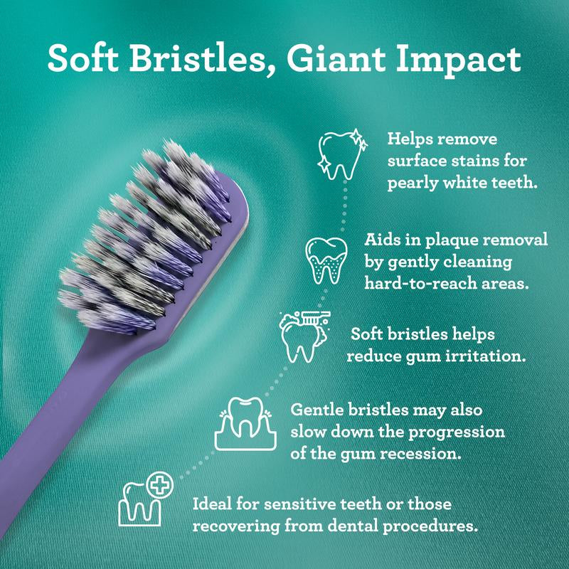 Gurunanda Gentle Giant Toothbrush - Dual Action Flossing Bristles for Whiter Teeth, Ergonomic Grip, BPA Free (4 Pack)