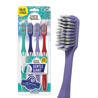 Gurunanda Gentle Giant Toothbrush - Dual Action Flossing Bristles for Whiter Teeth, Ergonomic Grip, BPA Free (4 Pack)