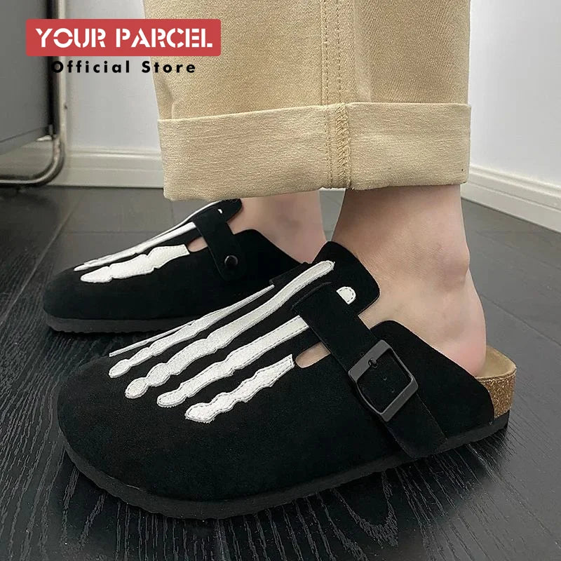Step into Style with Our Bone Embroidered Boken Shoes for Men - Trendy Leather Slippers Perfect for Summer Adventures