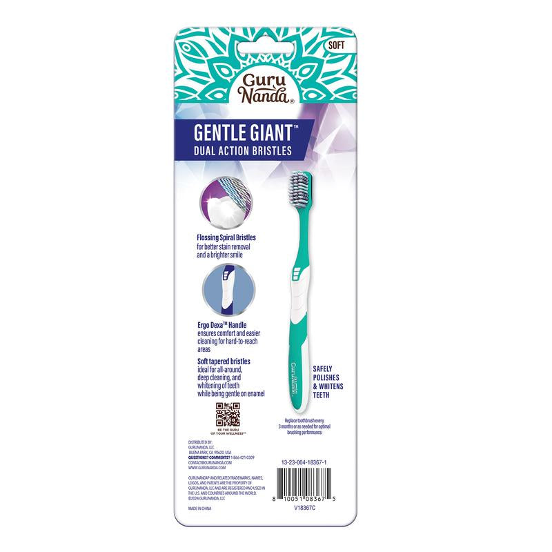 Gurunanda Gentle Giant Toothbrush - Dual Action Flossing Bristles for Whiter Teeth, Ergonomic Grip, BPA Free (4 Pack)