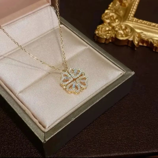 New Fashion Double Wear Magnet Four Heart Flower Pendant Necklace for Women Sweet Sexy Female Stainless Steel Neck Chain Jewelry