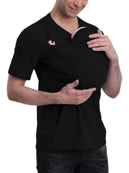 Elevate Your Casual Look with Our Men's Short-Sleeved Kangaroo Shirt Featuring a Convenient Baby Carrier Pocket