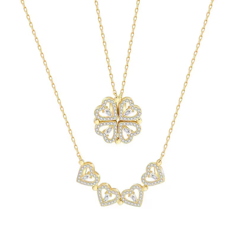 New Fashion Double Wear Magnet Four Heart Flower Pendant Necklace for Women Sweet Sexy Female Stainless Steel Neck Chain Jewelry