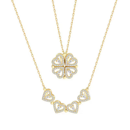 New Fashion Double Wear Magnet Four Heart Flower Pendant Necklace for Women Sweet Sexy Female Stainless Steel Neck Chain Jewelry