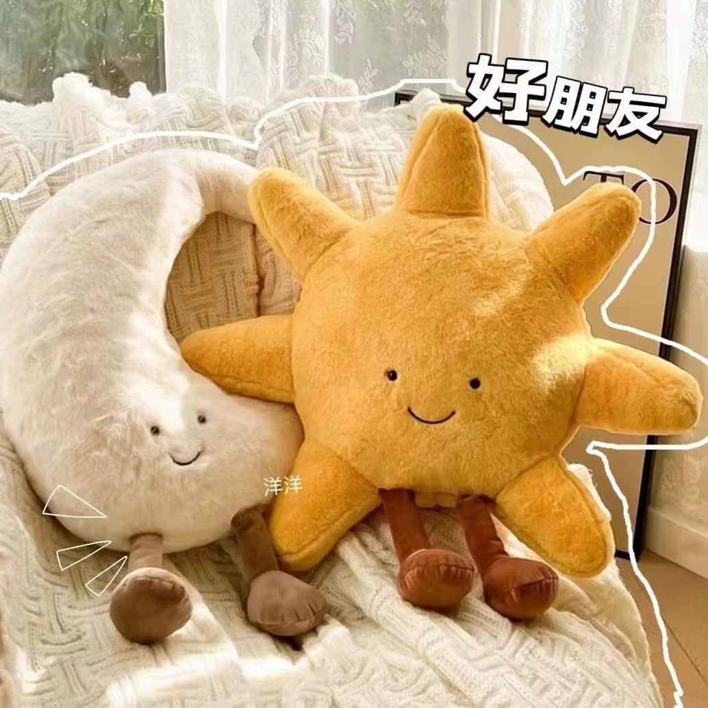 Delightful Smile Face Moon and Cheerful Yellow Sun Plush Cushion - The Perfect Soft Weather Toy for Kids' Rooms and Cozy Sofa Decor