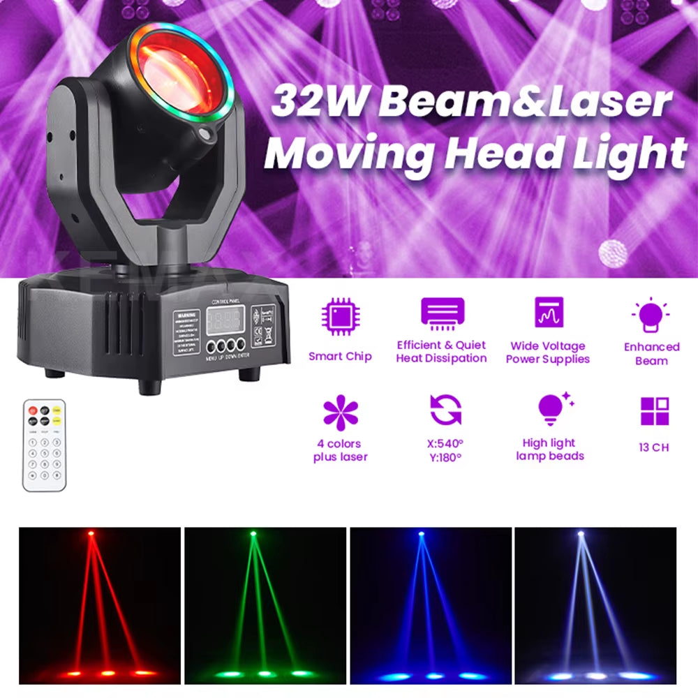 Unleash the Party Vibes with the Lyre Beam 32W Mini DJ Mobile Head DMX512 Moving Head Stage Effect Lights - RGBW 4In1 Strobe for Unforgettable Shows and Events!