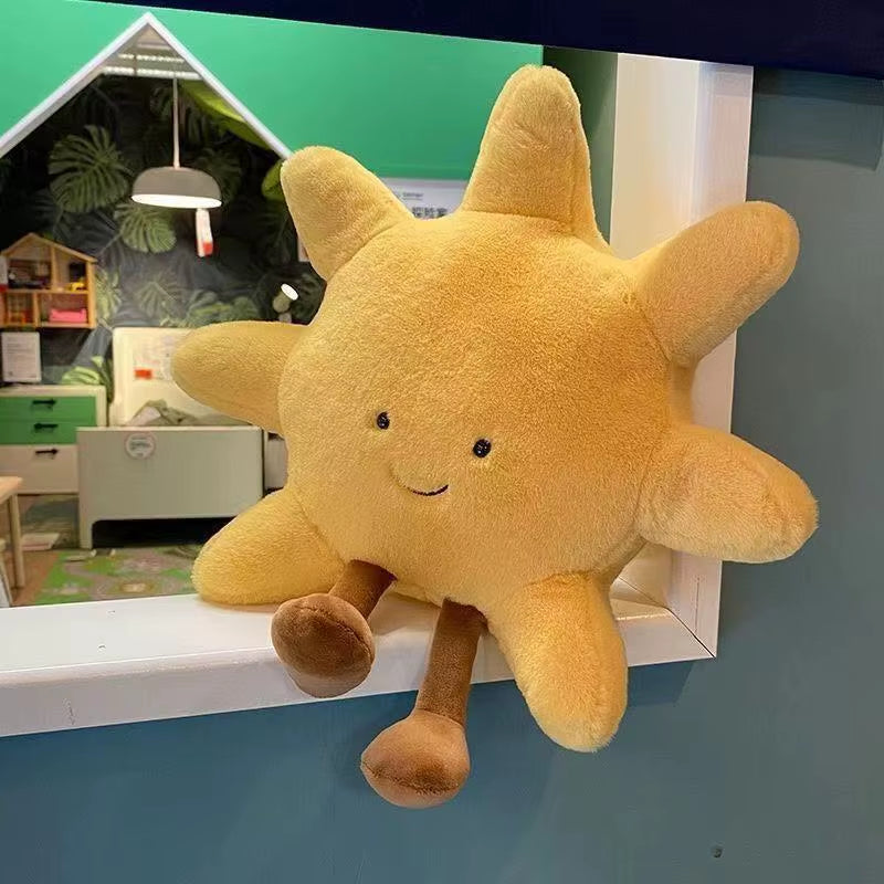 Delightful Smile Face Moon and Cheerful Yellow Sun Plush Cushion - The Perfect Soft Weather Toy for Kids' Rooms and Cozy Sofa Decor