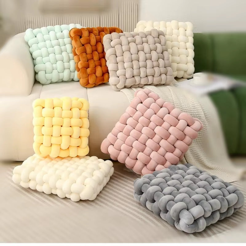 Soft Plush Knot Cushion for Living Room, Hand-Woven Solid Square Sofa Pillow, Woven Seat Cushion for Home Decor