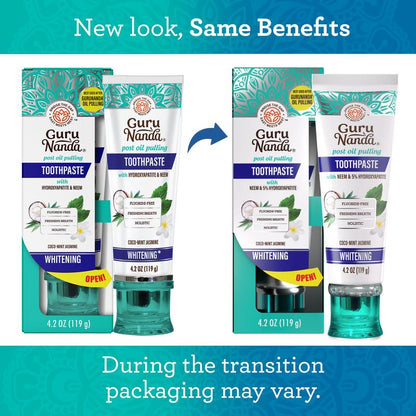 GuruNanda Hydroxyapatite Whitening Toothpaste - Fresh Cocomint & Jasmine Neem, 4.2oz - Protects Enamel, Fights Plaque, and Freshens Breath!