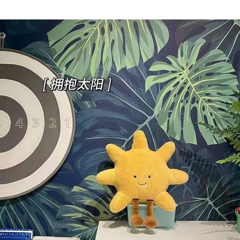 Delightful Smile Face Moon and Cheerful Yellow Sun Plush Cushion - The Perfect Soft Weather Toy for Kids' Rooms and Cozy Sofa Decor