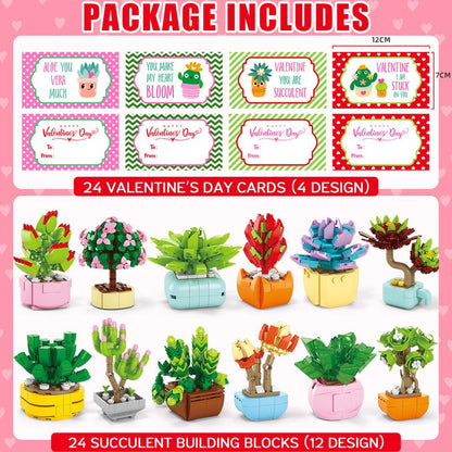 24 Pack Valentine’S Day Mini Gift Sets with Greeting Cards Succulent, Ocean Animal & Flower Desk Decorations Small Holiday Gifts for Classroom Exchange & Party Favors