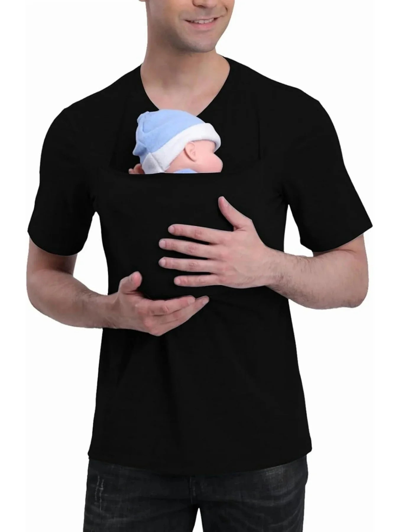 Elevate Your Casual Look with Our Men's Short-Sleeved Kangaroo Shirt Featuring a Convenient Baby Carrier Pocket