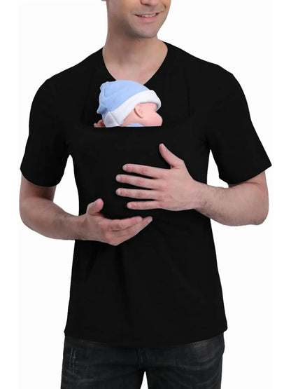 Elevate Your Casual Look with Our Men's Short-Sleeved Kangaroo Shirt Featuring a Convenient Baby Carrier Pocket