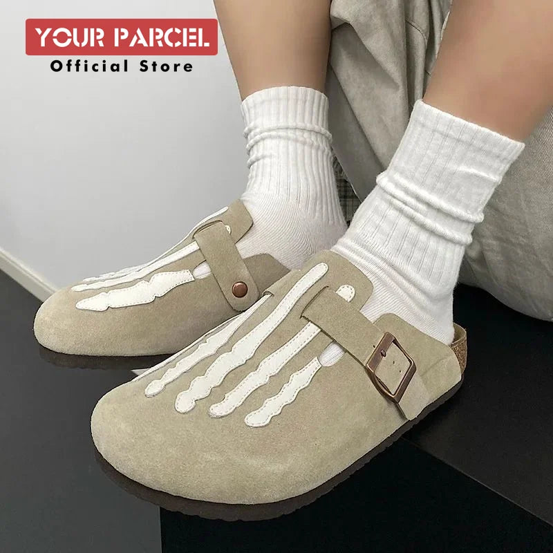 Step into Style with Our Bone Embroidered Boken Shoes for Men - Trendy Leather Slippers Perfect for Summer Adventures