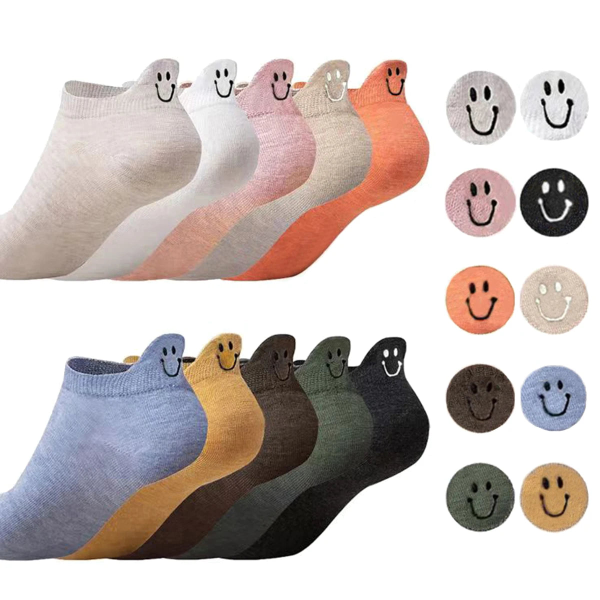 Brighten Your Step with 10 Pairs of Adorable Women's Kawaii Short Ankle Socks Featuring Charming Embroidered Smiling Faces - Perfect for Spring and Summer!