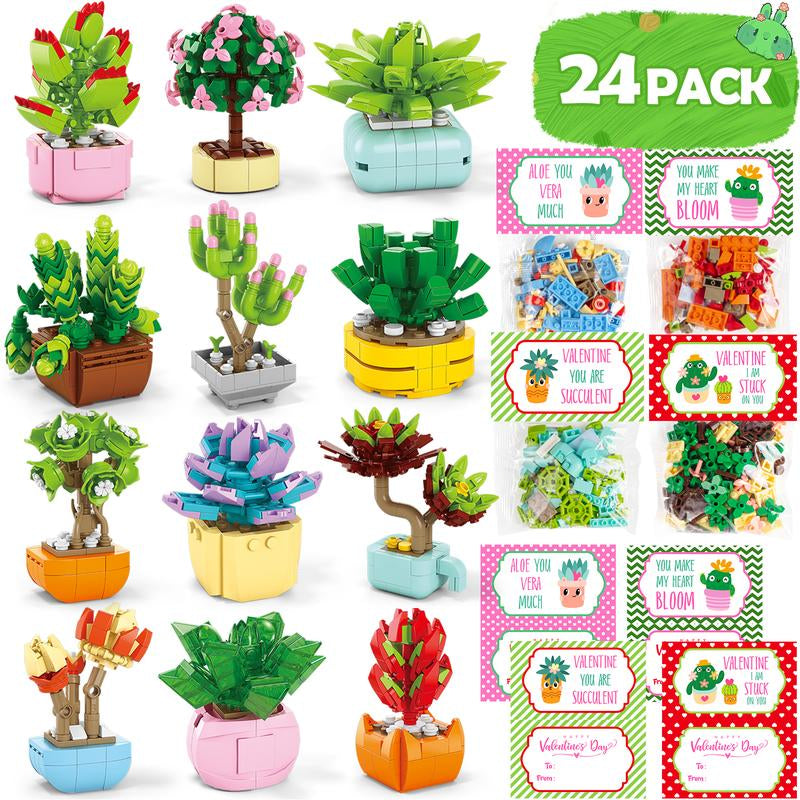 24 Pack Valentine’S Day Mini Gift Sets with Greeting Cards Succulent, Ocean Animal & Flower Desk Decorations Small Holiday Gifts for Classroom Exchange & Party Favors