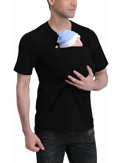 Elevate Your Casual Look with Our Men's Short-Sleeved Kangaroo Shirt Featuring a Convenient Baby Carrier Pocket
