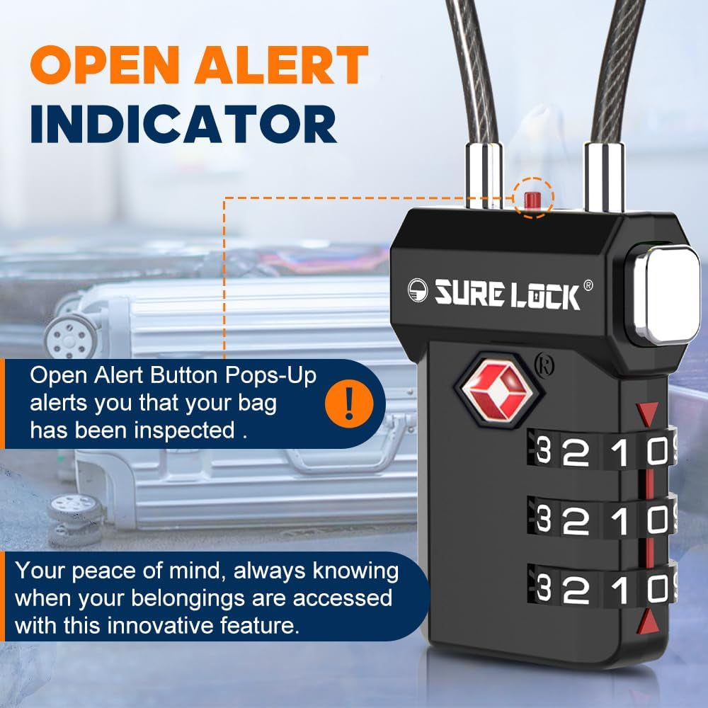Secure Your Belongings with SureLock TSA Approved Luggage Locks - Features Open Alert, Easy-Read Dials, and Re-Settable 3-Digit Combination for Ultimate Peace of Mind