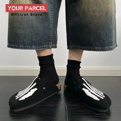 Step into Style with Our Bone Embroidered Boken Shoes for Men - Trendy Leather Slippers Perfect for Summer Adventures