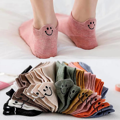 Brighten Your Step with 10 Pairs of Adorable Women's Kawaii Short Ankle Socks Featuring Charming Embroidered Smiling Faces - Perfect for Spring and Summer!