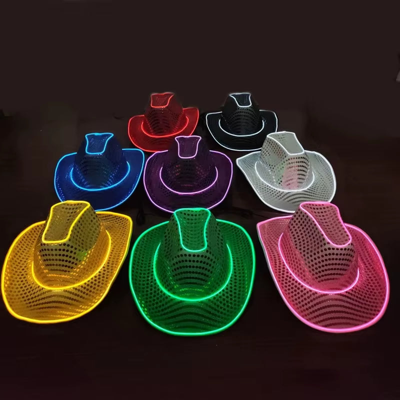 Wireless LED Illuminated Cowgirl Hat with Glowing Light Bar for Bachelorette Celebrations - Flashing Neon Western Cowboy Hat