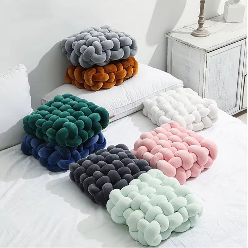 Soft Plush Knot Cushion for Living Room, Hand-Woven Solid Square Sofa Pillow, Woven Seat Cushion for Home Decor