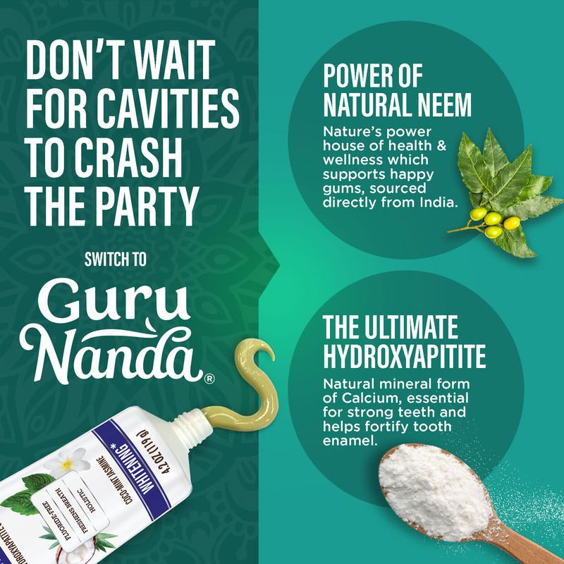 GuruNanda Hydroxyapatite Whitening Toothpaste - Fresh Cocomint & Jasmine Neem, 4.2oz - Protects Enamel, Fights Plaque, and Freshens Breath!