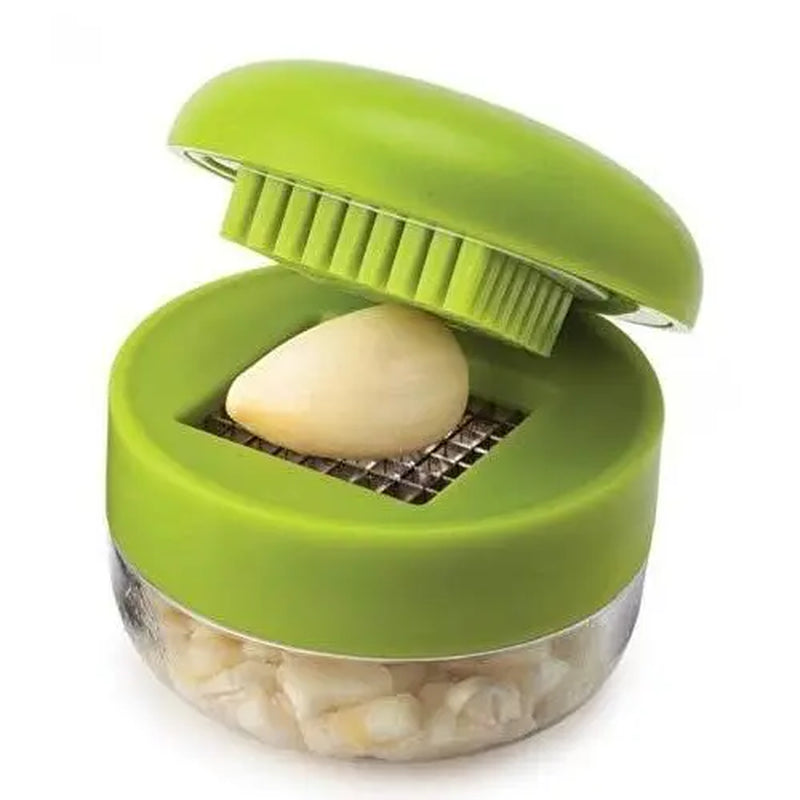 Effortless Mini Garlic Chopper & Press - Manual Mincer with Storage Container, Stainless Steel Blades, Ergonomic Grip, Vibrant Green Design