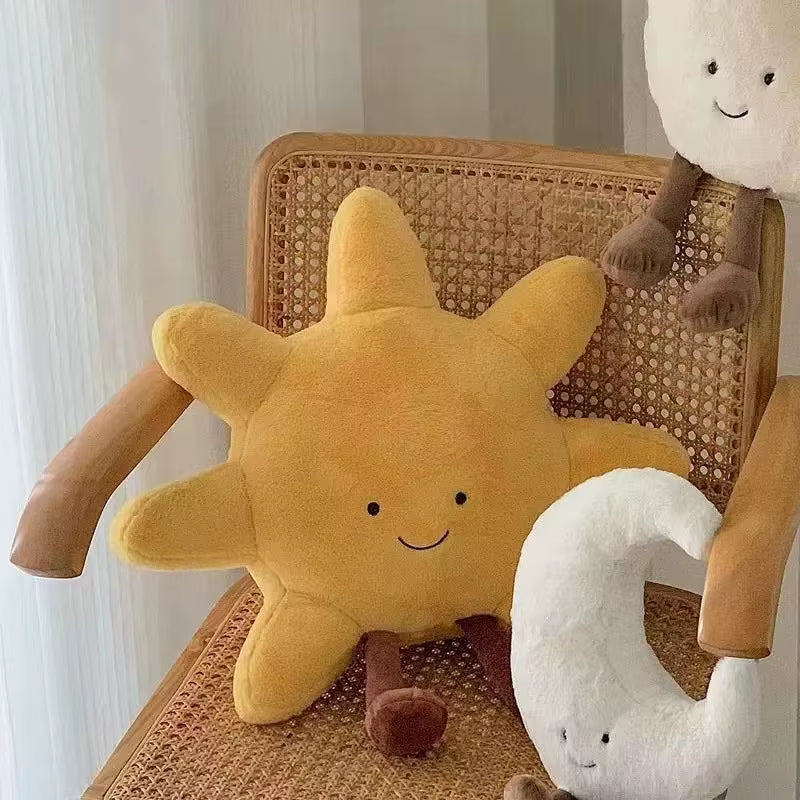 Delightful Smile Face Moon and Cheerful Yellow Sun Plush Cushion - The Perfect Soft Weather Toy for Kids' Rooms and Cozy Sofa Decor