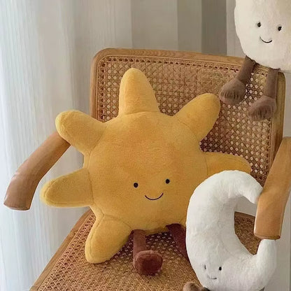 Delightful Smile Face Moon and Cheerful Yellow Sun Plush Cushion - The Perfect Soft Weather Toy for Kids' Rooms and Cozy Sofa Decor