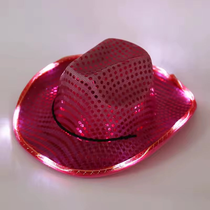 Wireless LED Illuminated Cowgirl Hat with Glowing Light Bar for Bachelorette Celebrations - Flashing Neon Western Cowboy Hat