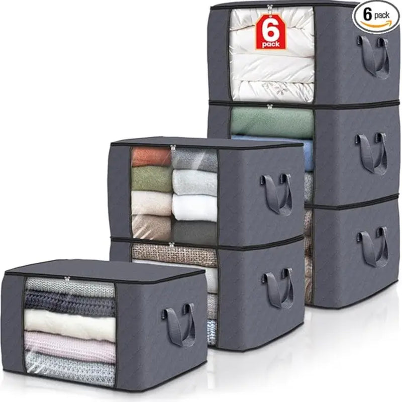 Maximize Your Space with 6-Pack Grey Foldable High-Capacity Cloth Storage Bags - Perfect for Organizing Clothes, Bedding, and More!