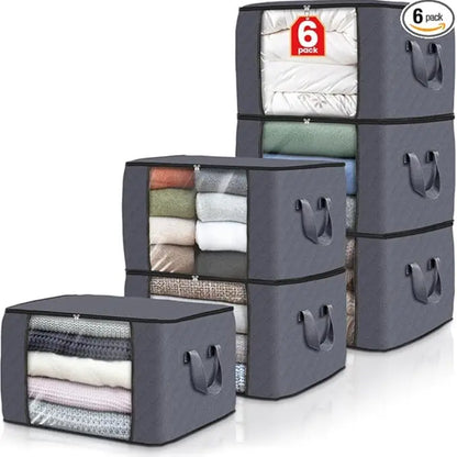 Maximize Your Space with 6-Pack Grey Foldable High-Capacity Cloth Storage Bags - Perfect for Organizing Clothes, Bedding, and More!