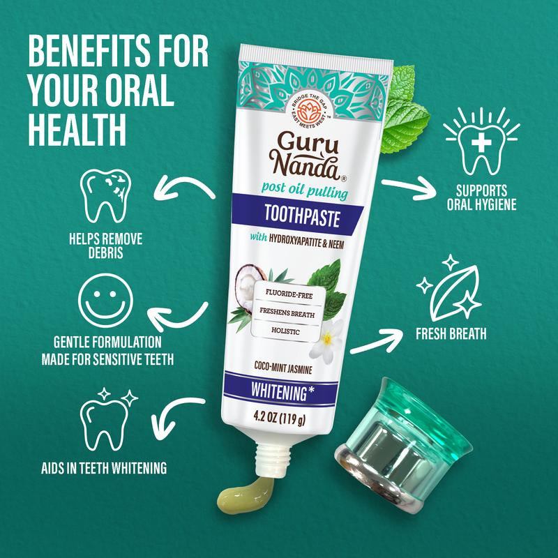 GuruNanda Hydroxyapatite Whitening Toothpaste - Fresh Cocomint & Jasmine Neem, 4.2oz - Protects Enamel, Fights Plaque, and Freshens Breath!