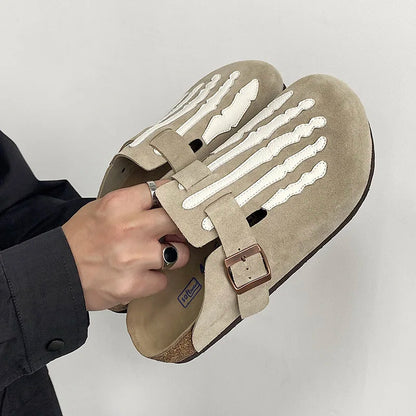 Step into Style with Our Bone Embroidered Boken Shoes for Men - Trendy Leather Slippers Perfect for Summer Adventures
