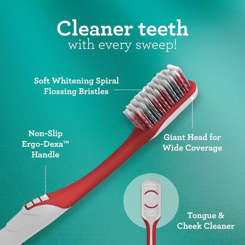 Gurunanda Gentle Giant Toothbrush - Dual Action Flossing Bristles for Whiter Teeth, Ergonomic Grip, BPA Free (4 Pack)