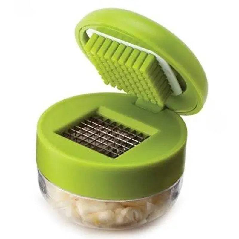 Effortless Mini Garlic Chopper & Press - Manual Mincer with Storage Container, Stainless Steel Blades, Ergonomic Grip, Vibrant Green Design