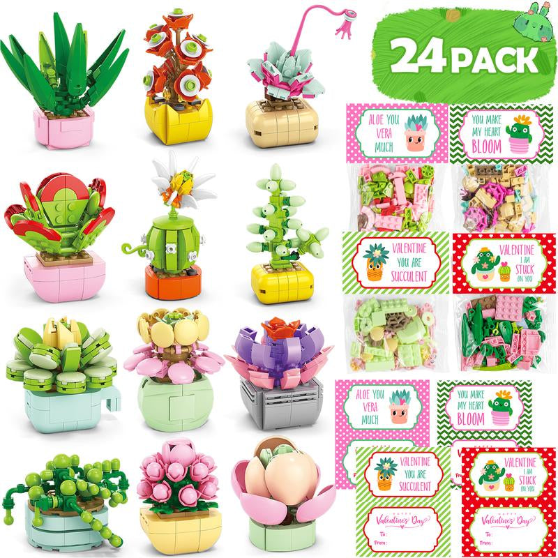 24 Pack Valentine’S Day Mini Gift Sets with Greeting Cards Succulent, Ocean Animal & Flower Desk Decorations Small Holiday Gifts for Classroom Exchange & Party Favors