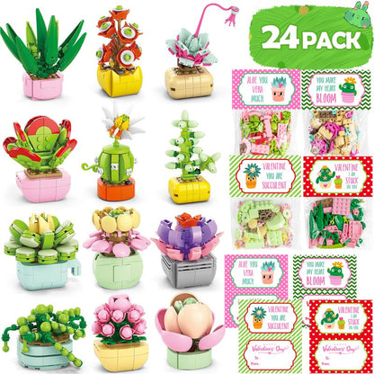 24 Pack Valentine’S Day Mini Gift Sets with Greeting Cards Succulent, Ocean Animal & Flower Desk Decorations Small Holiday Gifts for Classroom Exchange & Party Favors
