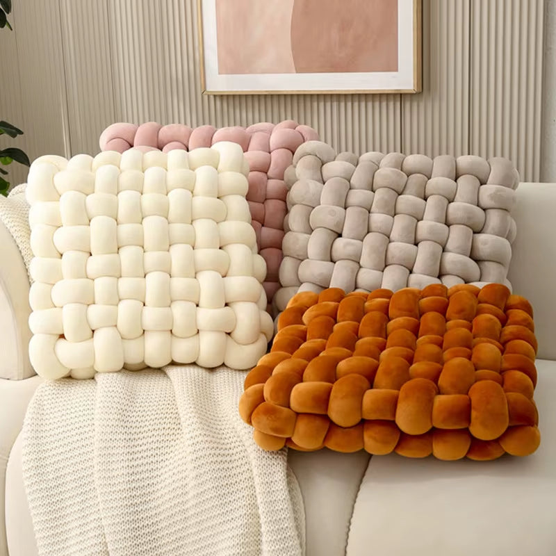 Soft Plush Knot Cushion for Living Room, Hand-Woven Solid Square Sofa Pillow, Woven Seat Cushion for Home Decor