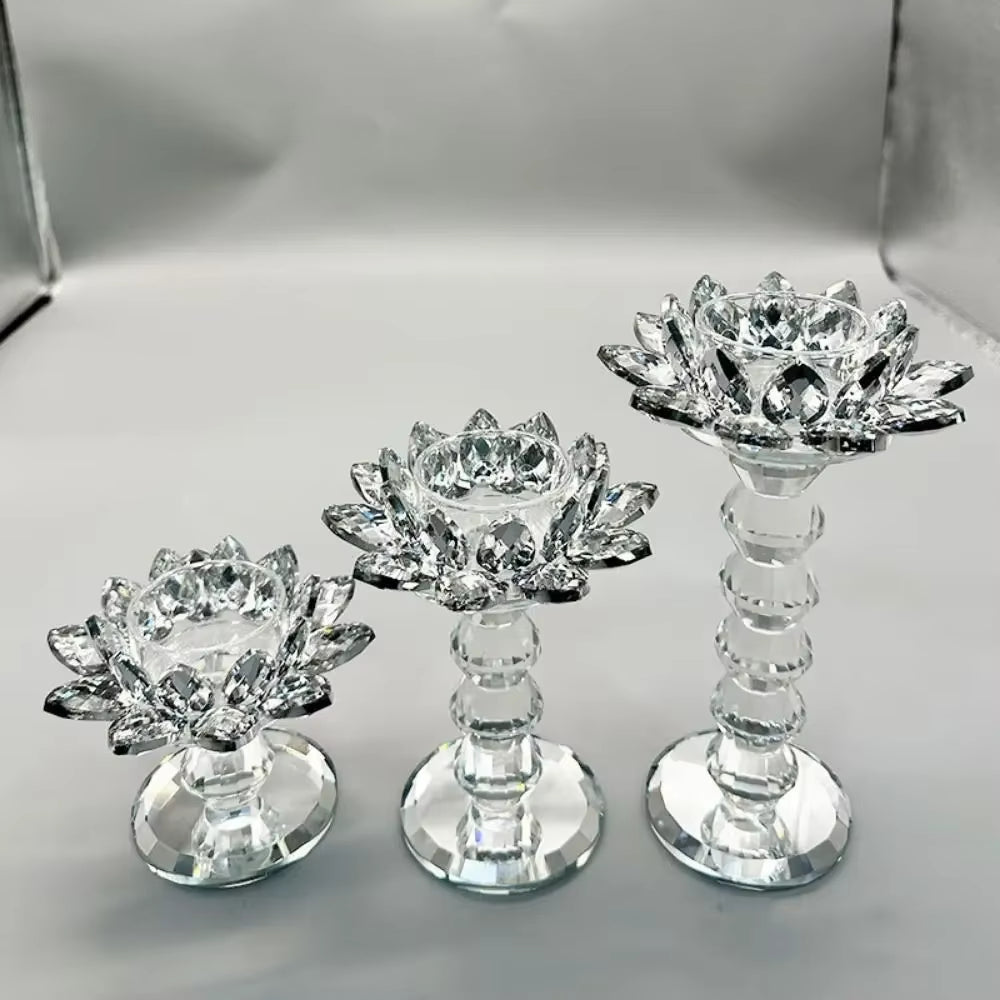 Bright Crystal Lotus Candlestick Durable Elegant Clear Flower Tealight Holders Flat Bottom Anti-Slip Glass Candle Stand Party