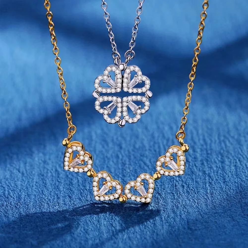 New Fashion Double Wear Magnet Four Heart Flower Pendant Necklace for Women Sweet Sexy Female Stainless Steel Neck Chain Jewelry