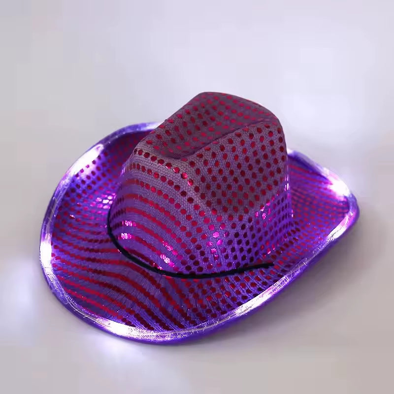 Wireless LED Illuminated Cowgirl Hat with Glowing Light Bar for Bachelorette Celebrations - Flashing Neon Western Cowboy Hat