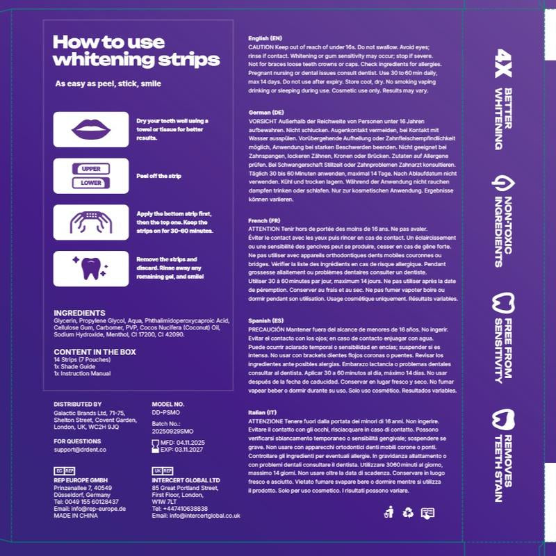 Experience Brilliant Smiles with DR.DENT Purple Teeth Whitening Strips - 7/21 Sessions of Enamel-Safe, Peroxide-Free Whitening for Sensitive Teeth