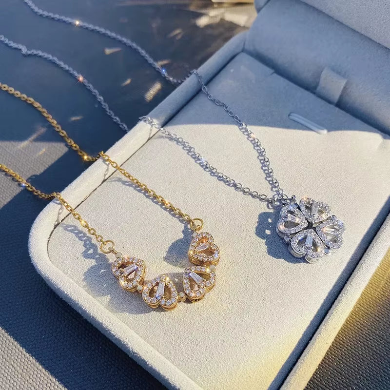 New Fashion Double Wear Magnet Four Heart Flower Pendant Necklace for Women Sweet Sexy Female Stainless Steel Neck Chain Jewelry