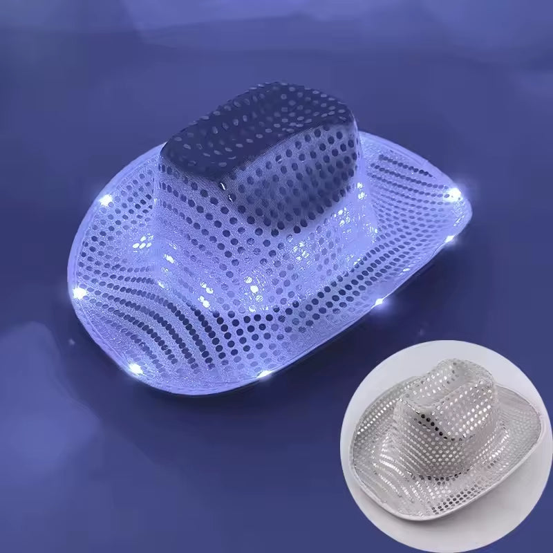 Wireless LED Illuminated Cowgirl Hat with Glowing Light Bar for Bachelorette Celebrations - Flashing Neon Western Cowboy Hat