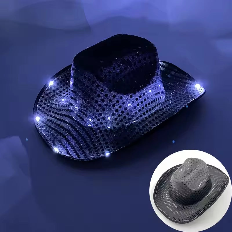 Wireless LED Illuminated Cowgirl Hat with Glowing Light Bar for Bachelorette Celebrations - Flashing Neon Western Cowboy Hat