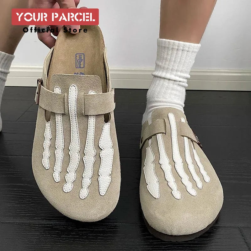 Step into Style with Our Bone Embroidered Boken Shoes for Men - Trendy Leather Slippers Perfect for Summer Adventures